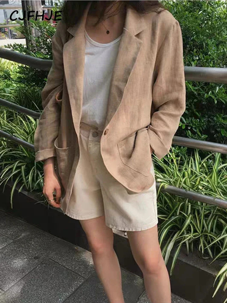 CJFHJE Khaki Office Lady Blazer Casual Thin Cotton Linen Blazers Female Spring Autumn Korean Retro Loose Suit Jackets Women 250715