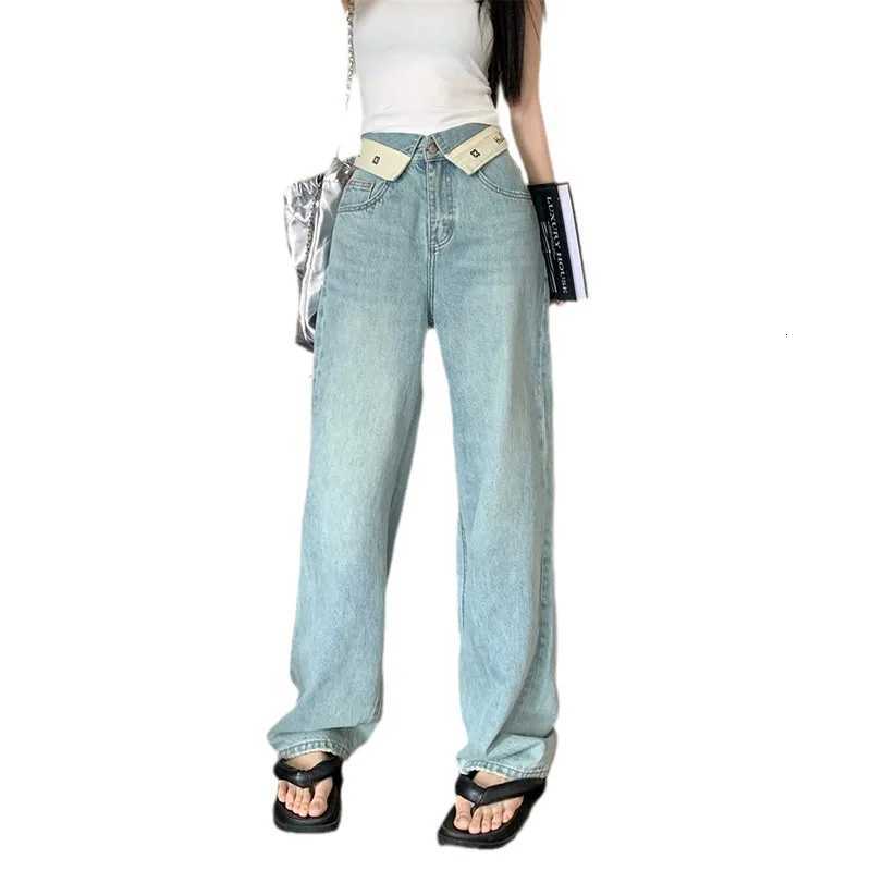 Retro Flip The Edge Waist Letter Wide-leg Jeans. Four Seasons New Fashion Loose Straight-leg Casual Floor-length Jeans for Women R250716