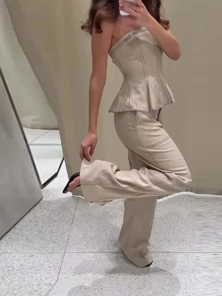 Elegant Pleated Vest Wide Leg Trousers 2025 Summer Lady Long Pants Suits Fashion Ruffled Off Shoulder Tank Top Loose Pants 250715