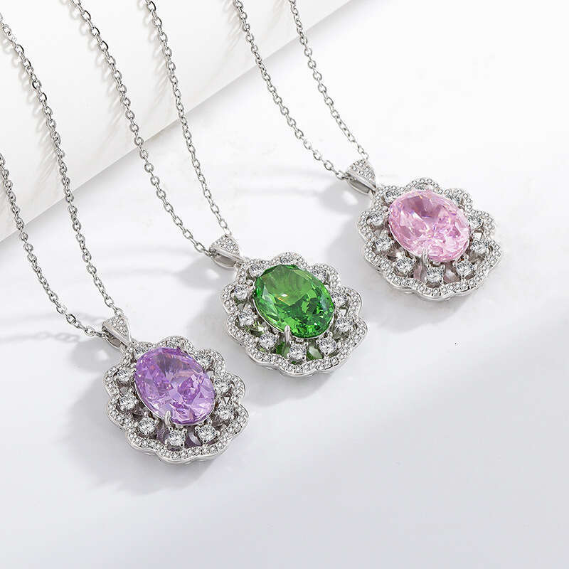 Sparkling Colorful Ice Flower Cut Pigeon Egg Necklace Fashion High Carbon Dia Inlaid Pendant Collarbone Chain b40