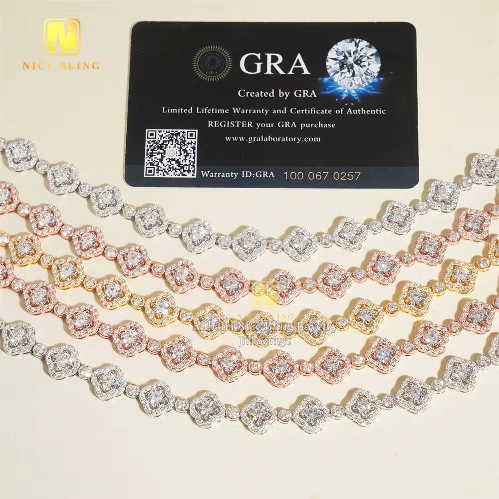Clover Jewelry Cuban Links Chain Fancy Style Tennis Chain 925 Silver Pass Diamond Tester GRA Moissanite Tennis Bracelet