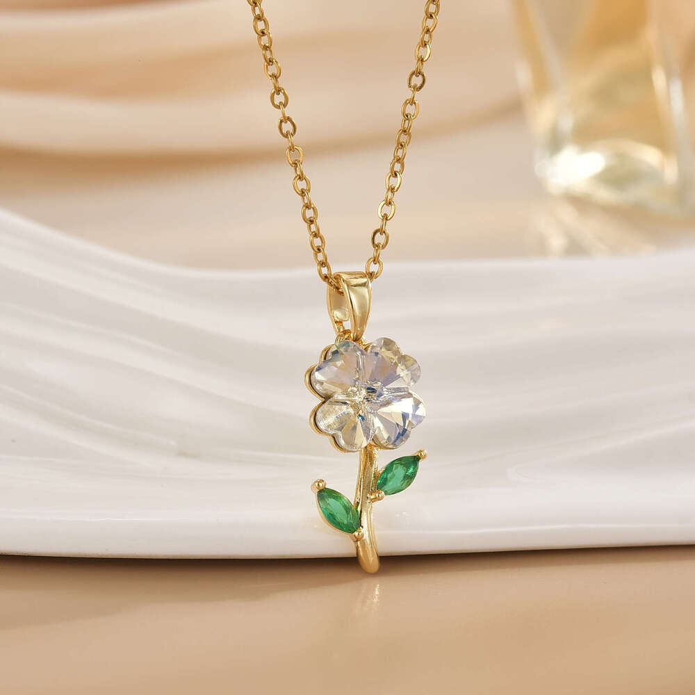 Oil Drop Micro Paved Zircon Colorful Flower Tulip Rose Pendant Necklace For Women Light High-End Feel 3B0