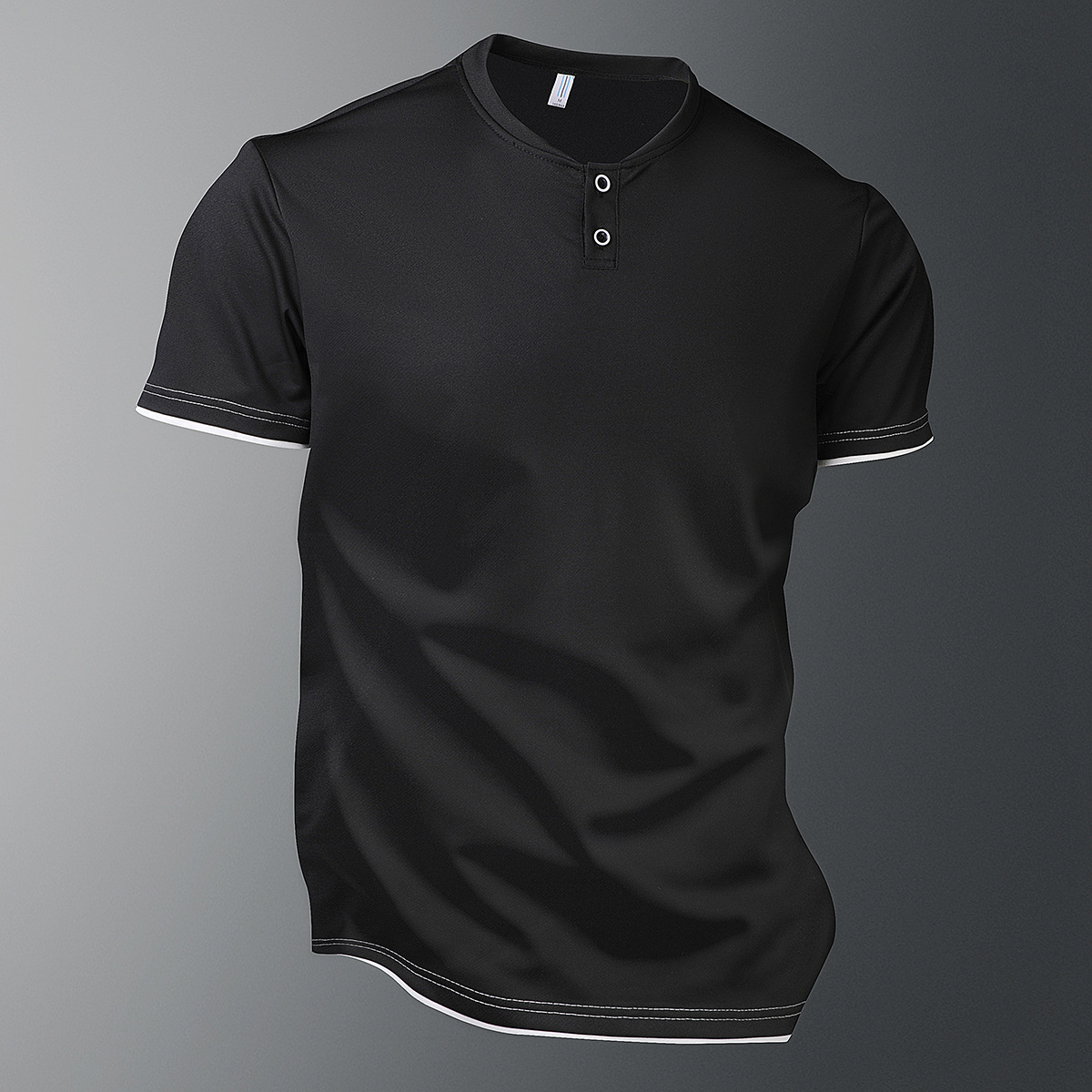 Classic Round Neck Slim-Fit Short Sleeve Tee with Button designer t shirt-Accented Color Block Design designer t shirt