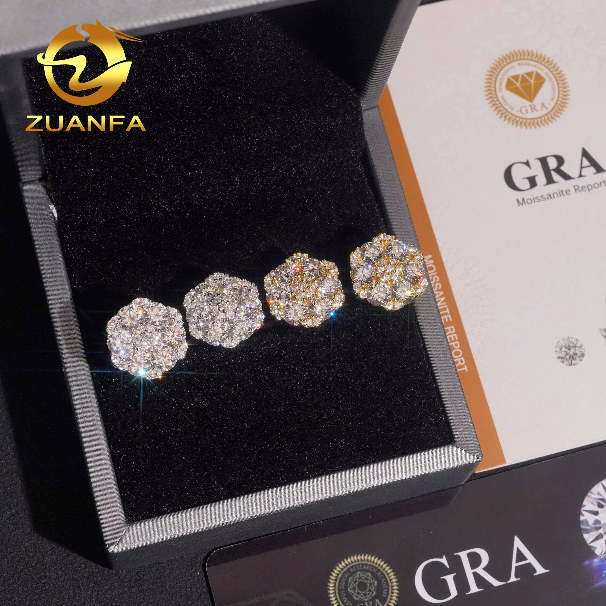 Gra Certificate Flower Cluster Moissanite Earrings 925 Sterling Silver Moissanite Iced Out Earrings for Men and Women