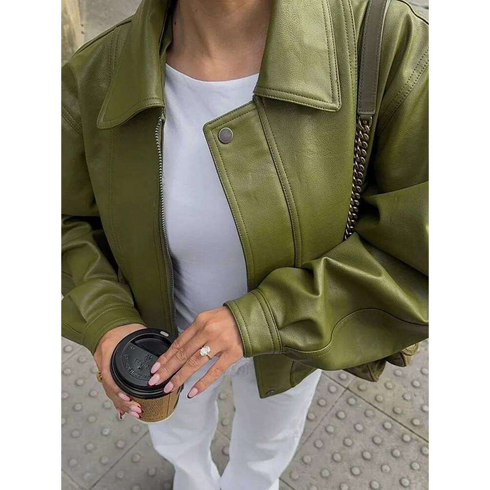 Fashion Lapel Collar Green Pu Leather Short Jackets For Women Locomotive Button Long Sleeve Coats Female 2024 Autumn Office Wear