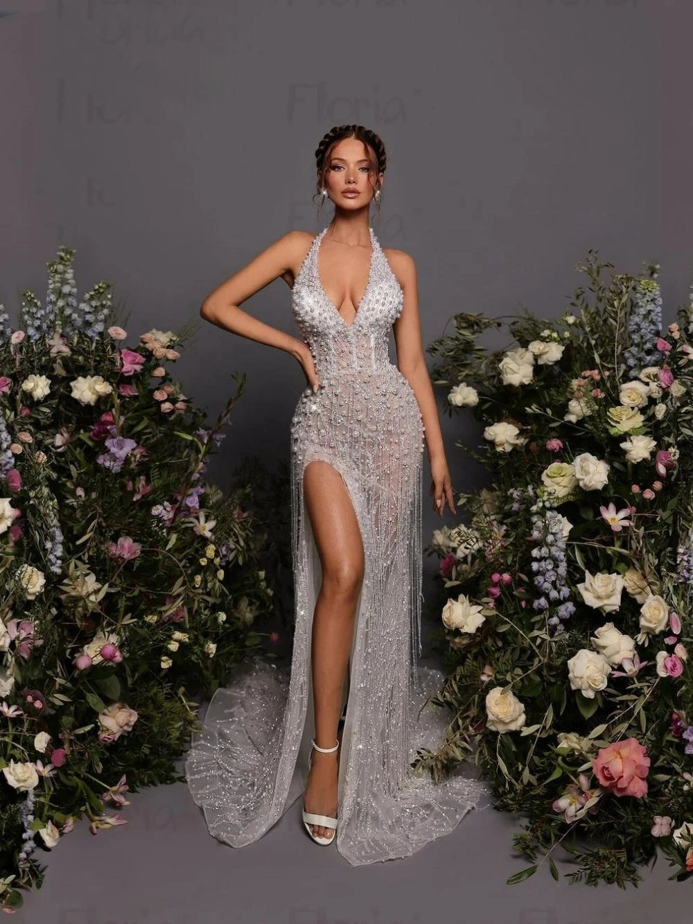 Exquisite Halter Pearls Mermaid Prom Dresses Fashion Sleeveless Sequined Lace Evening Dress Side Slit Party Gown Customized