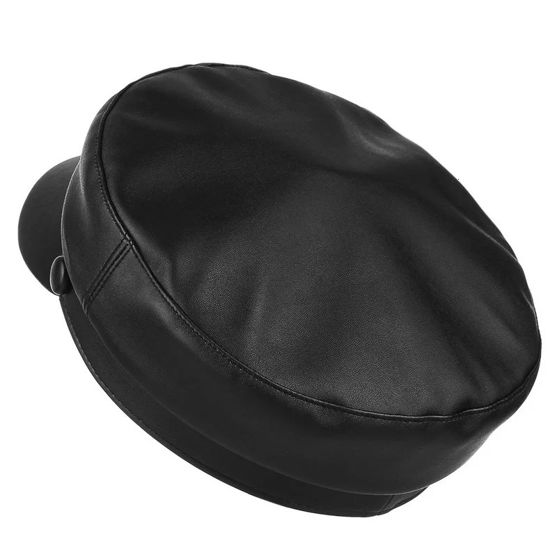 GEMVIE Women Hat With Visor Military Cap sboy Autumn Winter PU Leather Retro Classic Sailor Hat Lady Peaked Cap Black 250716