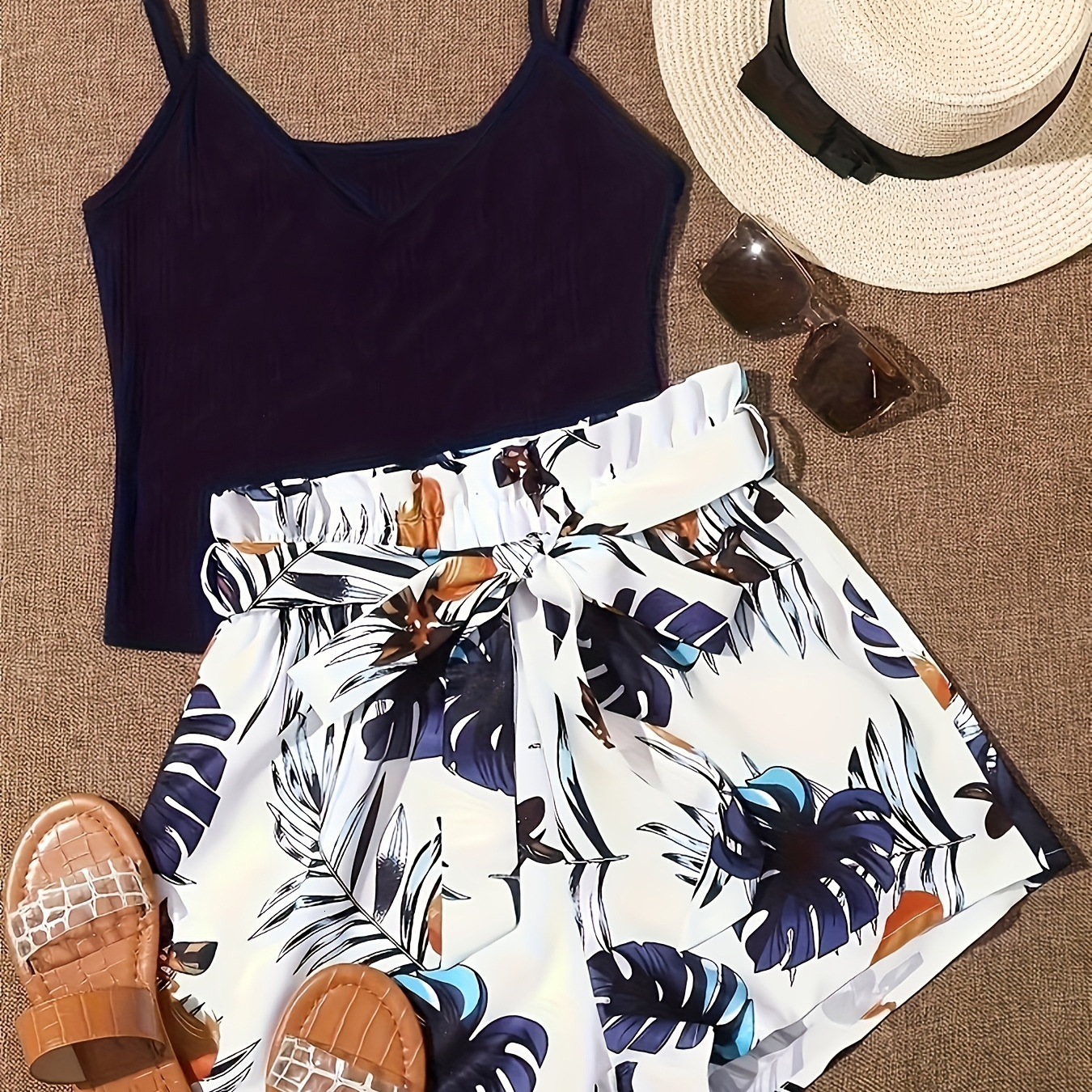 Summer New Beach Style Versatile Camisole Top with Printed Shorts Women's Two-Piece Set