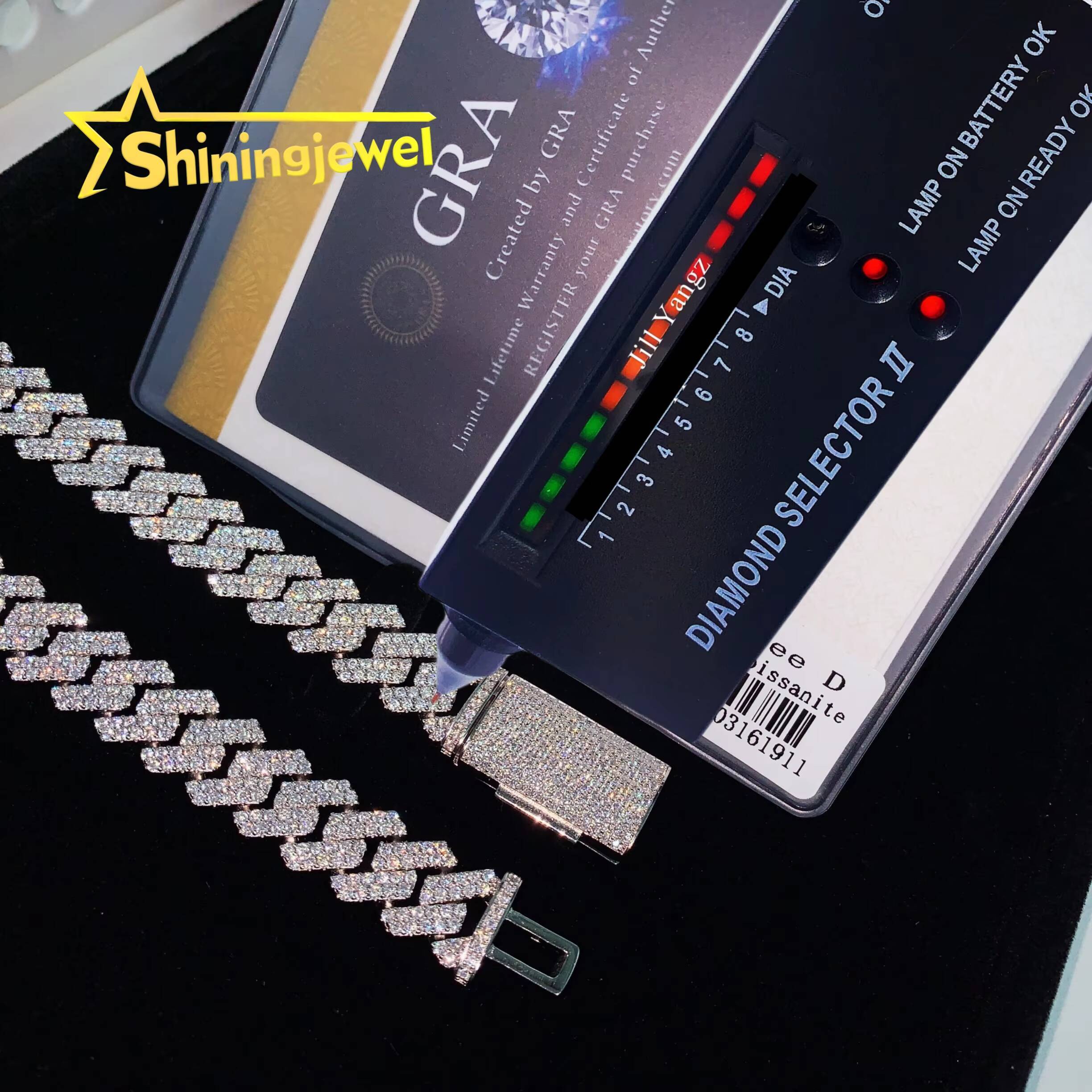 Guangzhou Shining Shiny Guarantee 13mm 2 Row VVS Moissanite Cuban Chain 925 Sterling Silver Gold Plated Hip Hop Cuban Link Chain