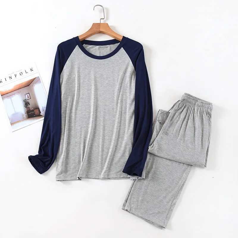 Spring and Summer Mens Modal Long-Sleeved Trousers Pajamas Set Splicing Large Size Sports Home Service Suit Spring and Autumn W250717