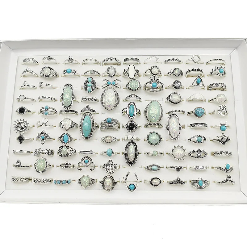 50pcs/Lot Wholesale Big Opal Stone Finger Rings For Women Bohemia White Enamel Acrylic Water Drop Carved Hollow Jewelry Girl 250716