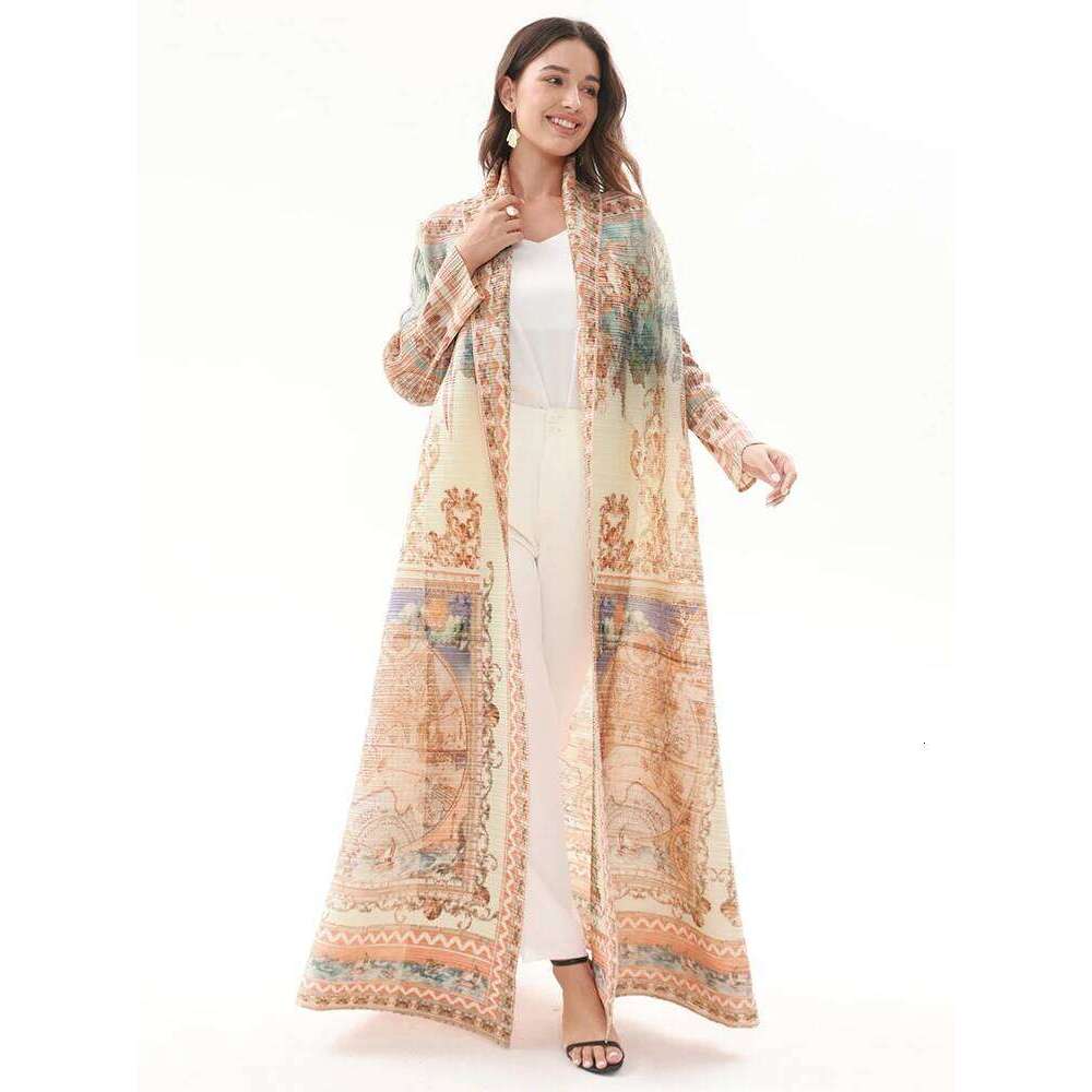 Miyake Pleated Turndown Collar Vintage Printed Long Sleeve Dress Women 2024 New Original Designer Abaya Fashion Classical Coats
