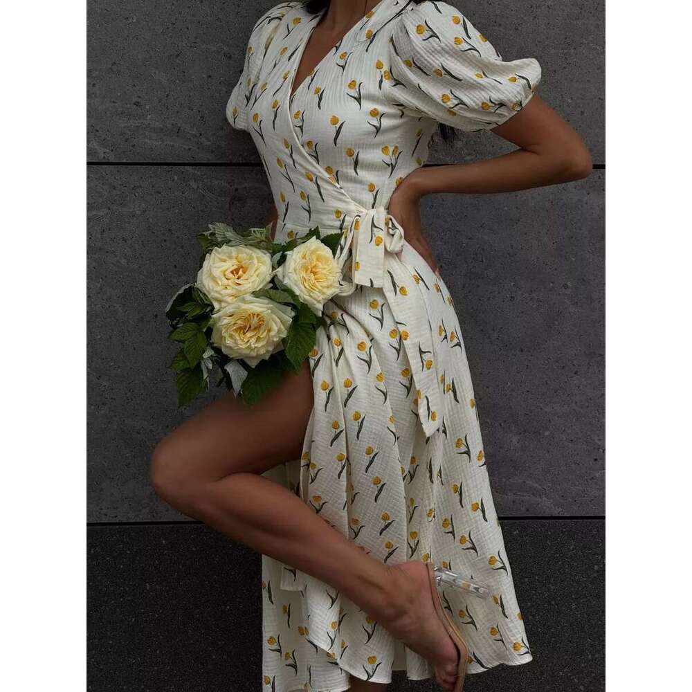 Summer New Women's Cotton Printed With Tie Straps And Puff Sleeves Long Dress B5