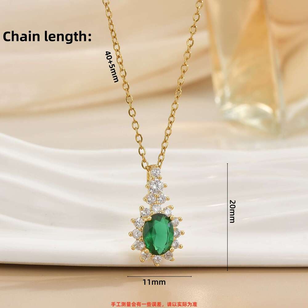 Korean Style Fashion Jewelry Inlaid Dia Oval Green Crystal Pendant Stainless Steel Zircon Suower Necklace 2De