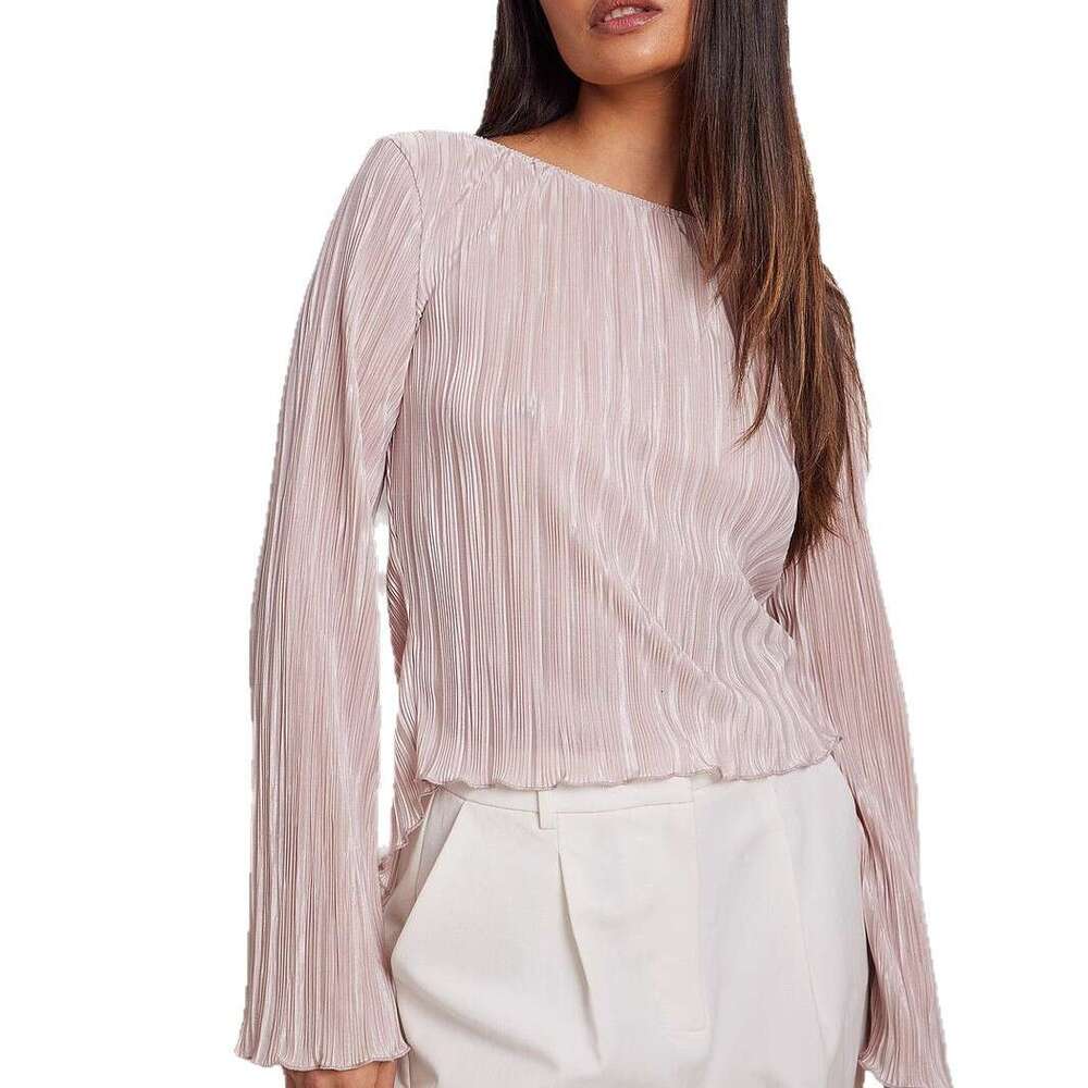 Pleated Blouse For Women Summer Elegant Temperament Slim Fit Bell Sleeve Back Tie Short Shirt B5