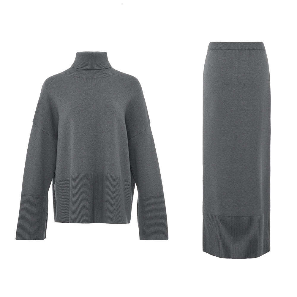 Knitted For Women Autumn Winter New Style Elegant Loose Sweater With Slit Skirt Set B5