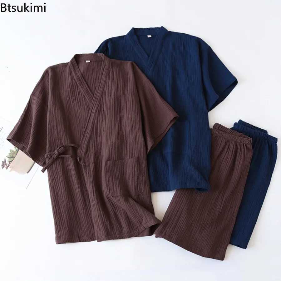 Mens Summer Cotton Pajama Sets Short Sleeved Shorts Pajamas Men V-Neck Kimono Pajamas Thin Sleepwear 2-Piece Set Home Clothes W250717