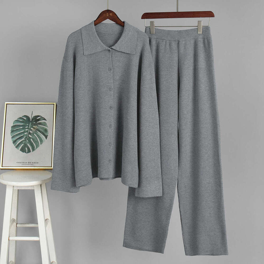 Turn-Down Collar Long Sleeve Knitted Autumn Winter New Style Elegant Loose Commuting Ribbed Sweater Suit B5