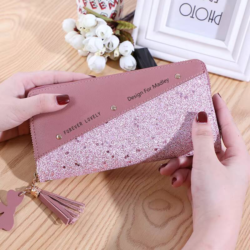 Fashion Womens Pu Leather Long Sequins Patchwork Glitter Wallet Coin Purse Female Wallets Girls Gifts Wholesale ddmynov