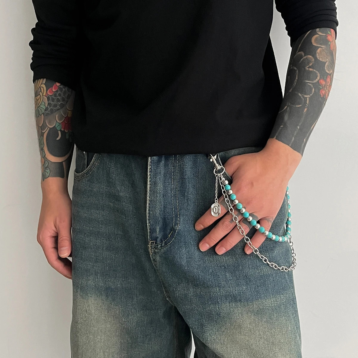 Ingemark Y2K Trendy Blue Stone Bead Jeans Pants Chain For Men Women Hip Hop Punk Double Layer Keychains Bag Accesories Jewelry 250717