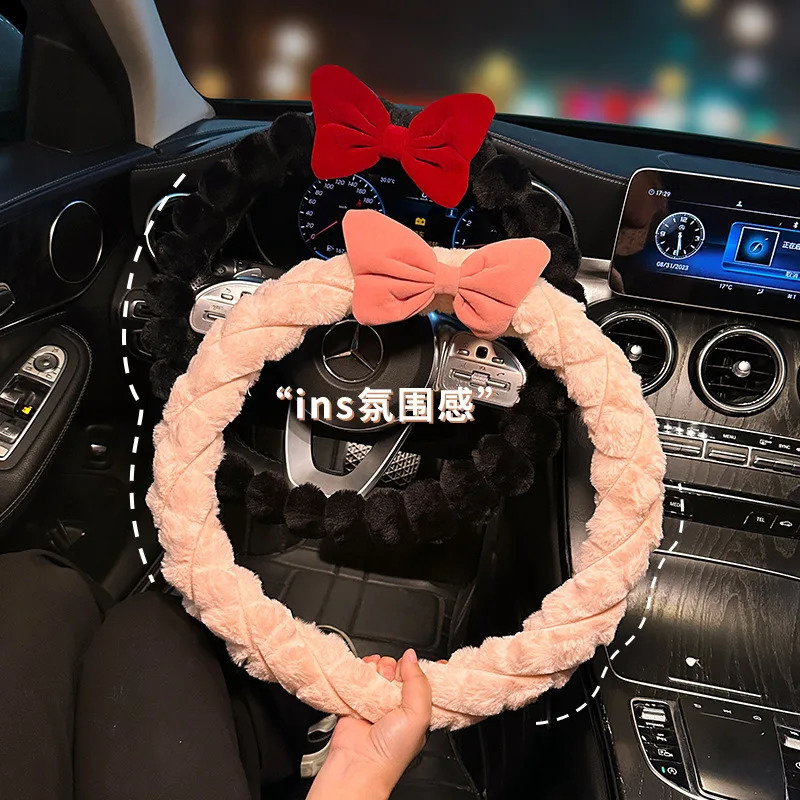 Steering Wheel Cover Plush For Winter Women Anti Slip Warm Handlebar Cover Cute Pink Bowknot Interior Accessories Auto Supplier 250715