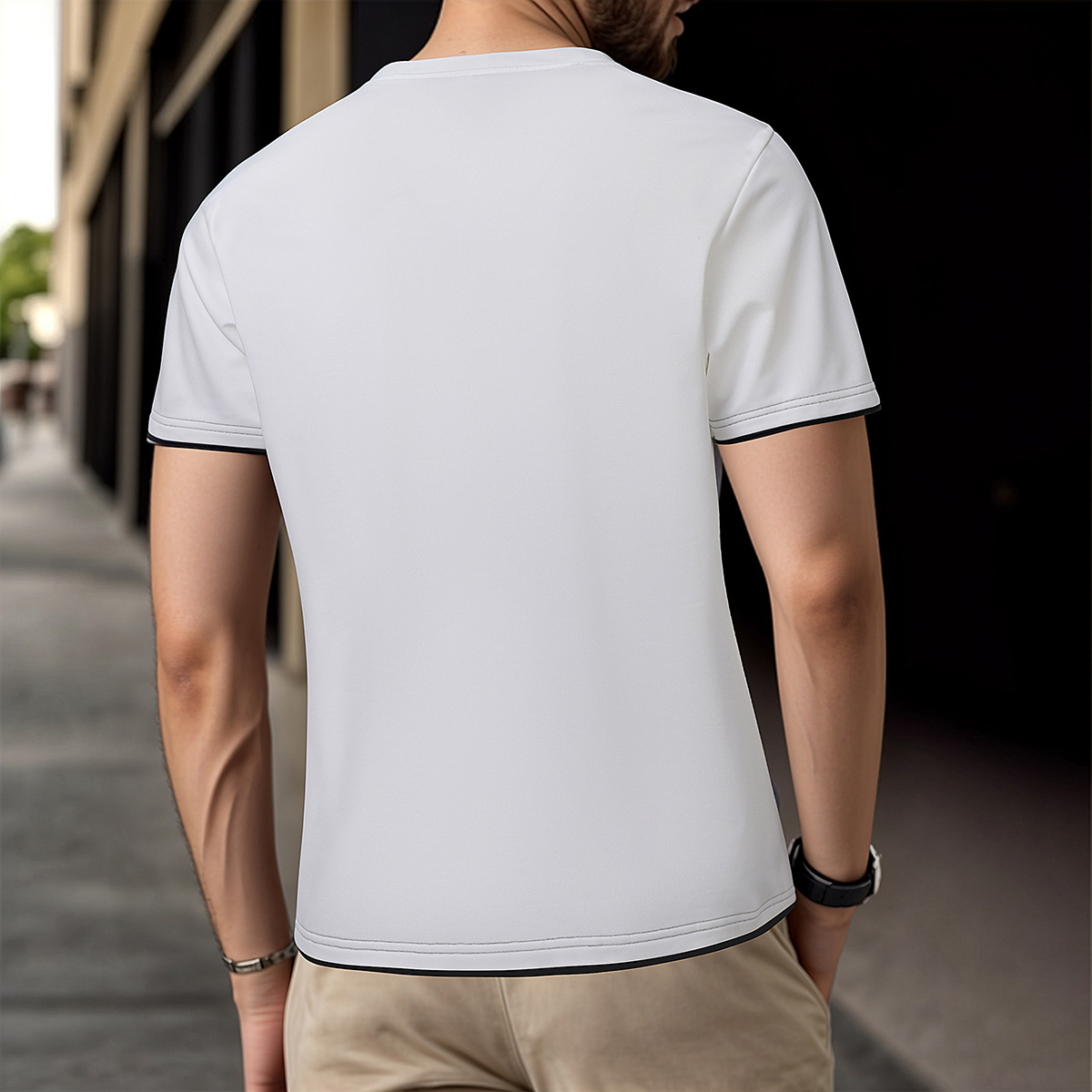 Classic Round Neck Slim-Fit Short Sleeve Tee with Button designer t shirt-Accented Color Block Design designer t shirt