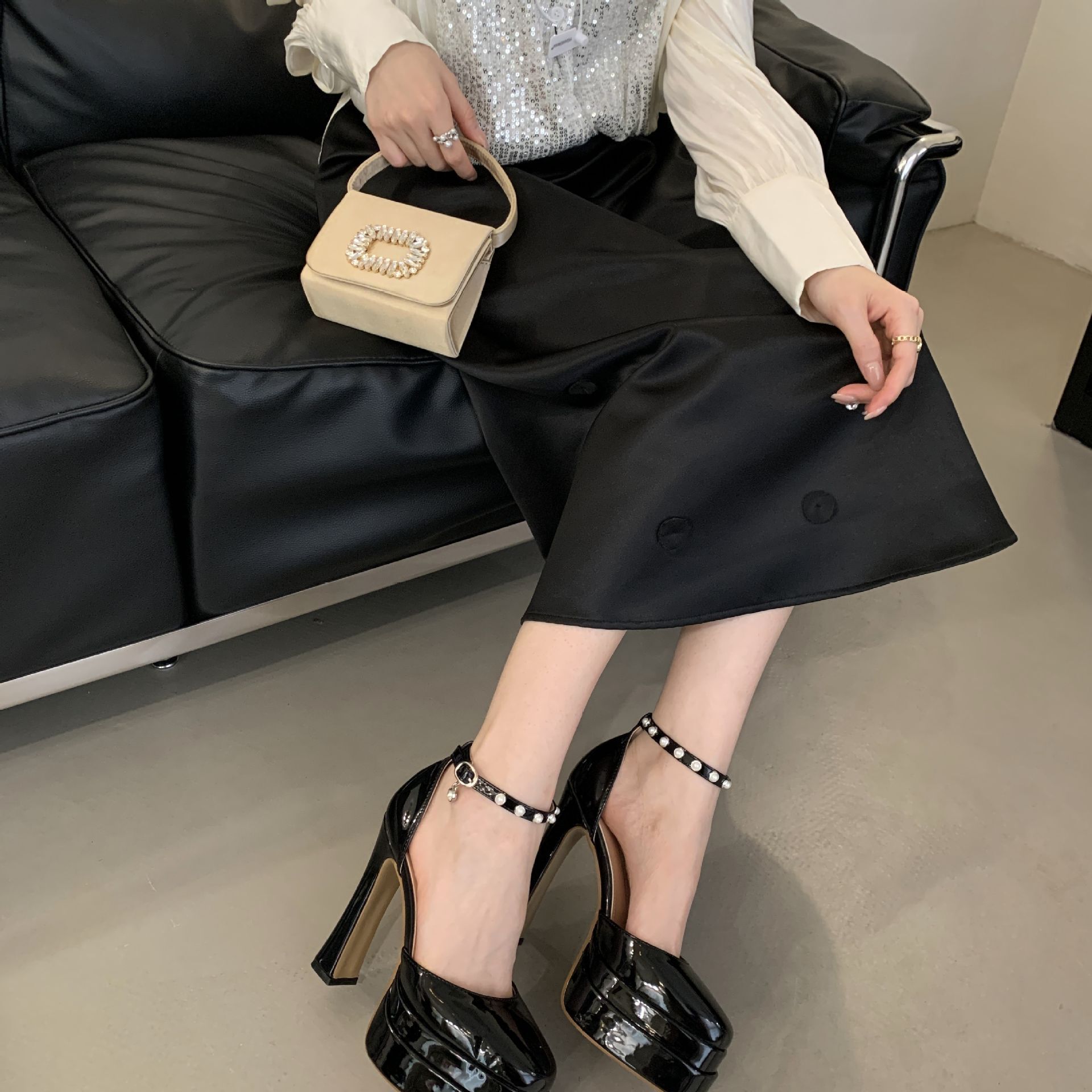 Elegant and Perfect~ Stunning Fashion Rhinestone One-Strap Thick-Soled High Heels Closed-Toe Chunky Heel Sandals for Women ddmysaturn