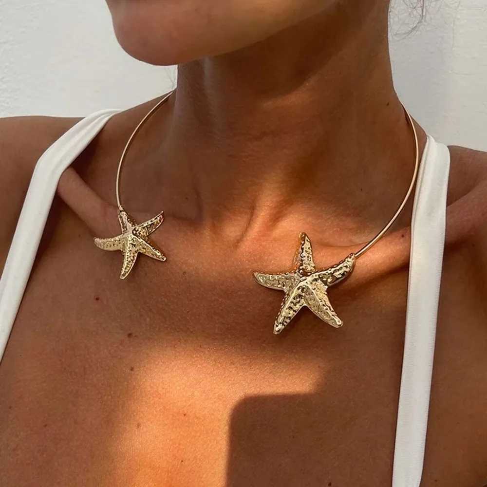 Gold Color Starfish Shell Pendant Necklace Metal Neck Jewelry Open Torque Necklace Adjustable Boho Jewelry XJ250717