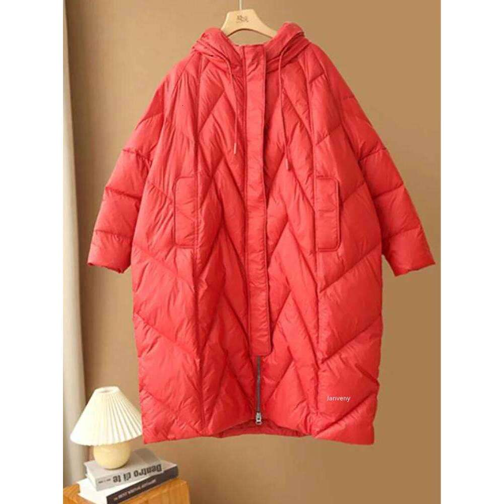 Janveny Loose Long Coat 90% White Duck Down Jacket Women 2025 Female Overcoat Winter Hooded Puffer Feather Parkas MDNG