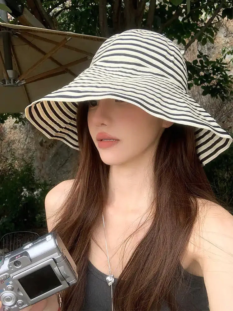 Japanese Style Foldable Summer Striped Wide Brim Sun Hat for Women - Stylish UV Protection Oversized Bucket Hat with Long Brim 250716