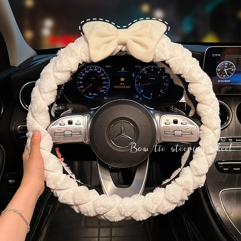 Steering Wheel Cover Plush For Winter Women Anti Slip Warm Handlebar Cover Cute Pink Bowknot Interior Accessories Auto Supplier 250715