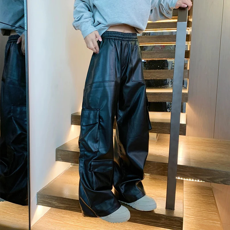 Autumn Mens Pu Leather Pants Wide Leg Cargo Trousers Motorcycle Streetwear MultiPockets Elastic Waist Black Joggers MXXL 250704