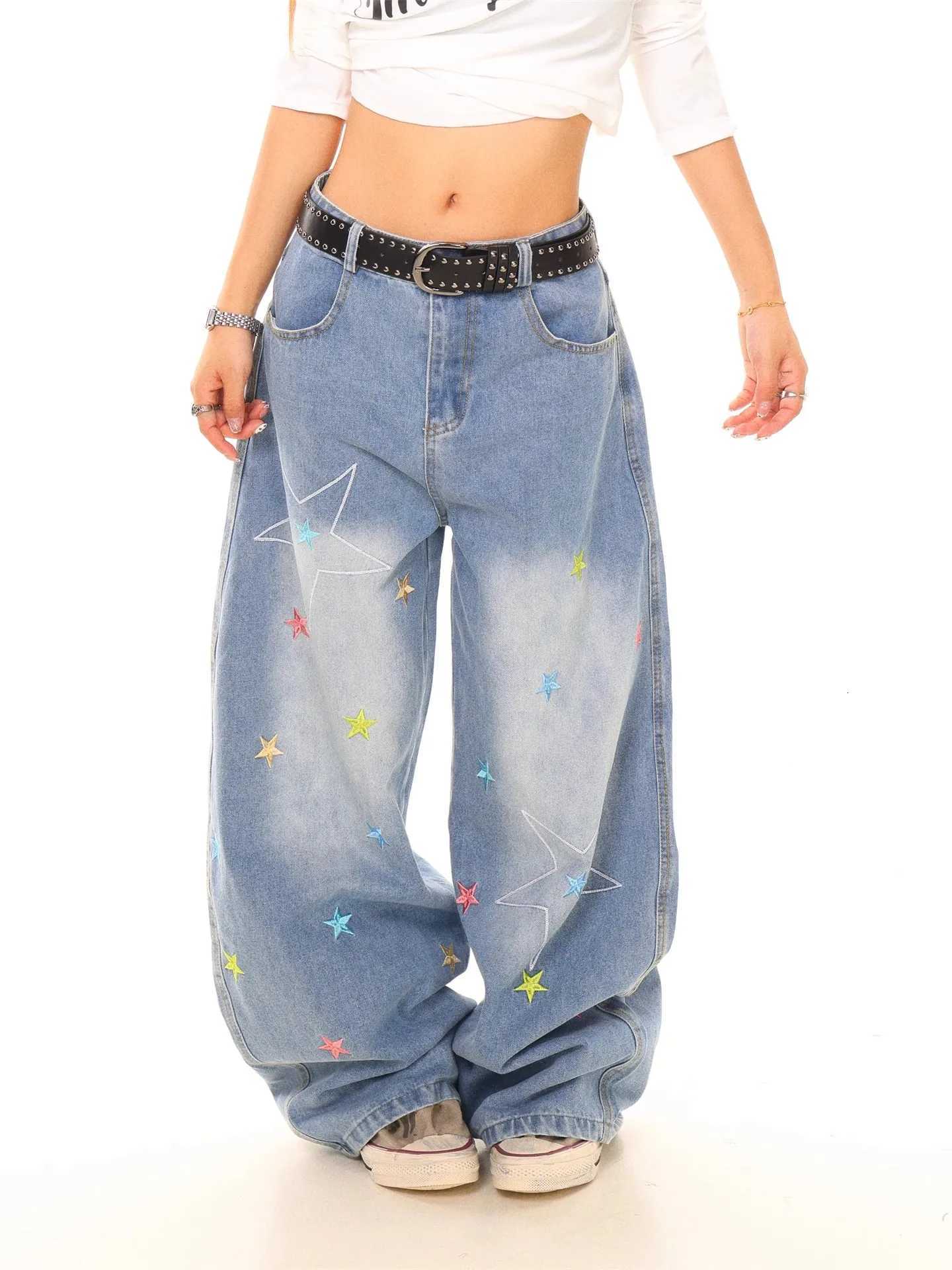 Fashion Star Printed Jeans 2025 Retro Denim Mopping Trousers Korean Style High Street Loose Hip Hop Wide-leg Jeans R250716