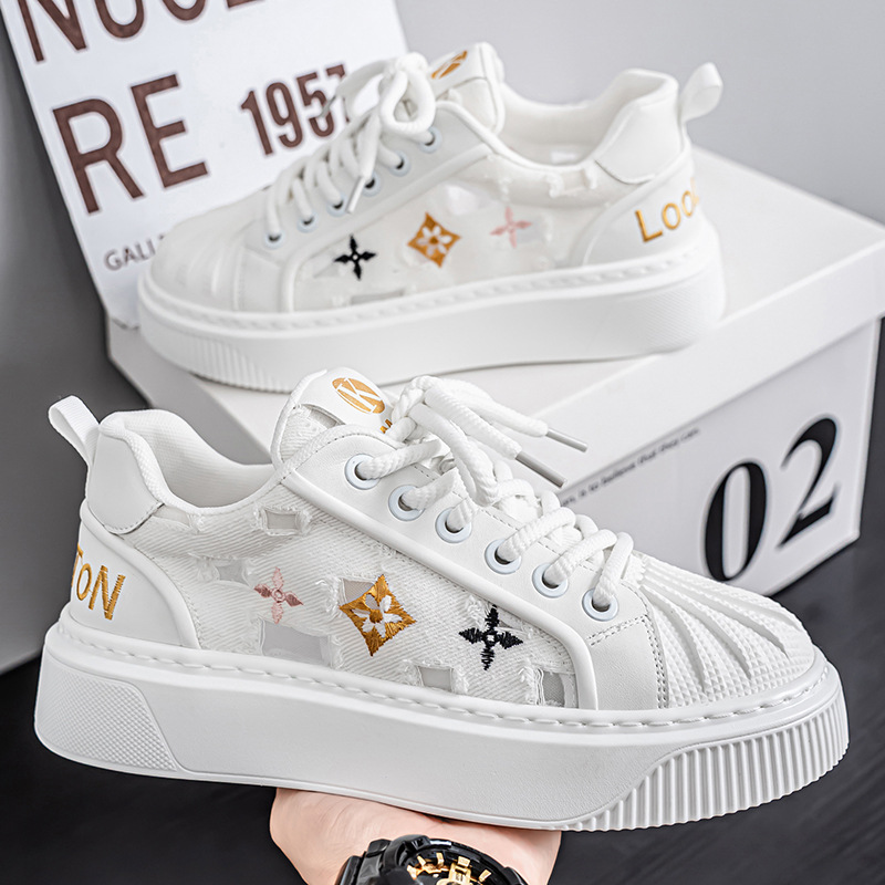 Trendy Casual Men Shoes 2025 New Design Shell Toe Embroidery Print Color Block Plimsolls Thick Sole Fashion Men Shoes