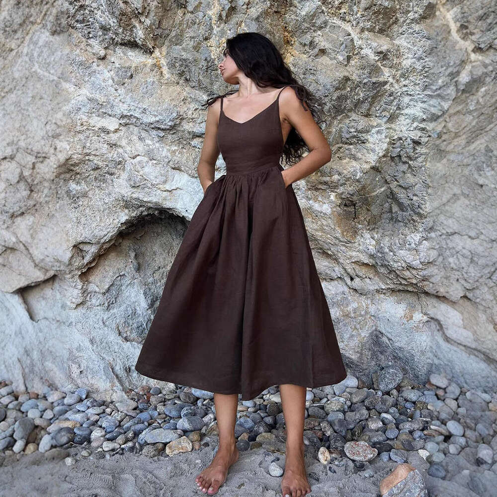 Pure Cotton V-Neck Strap For Women Spring New Elegant Sexy Tie Backless Dress B5