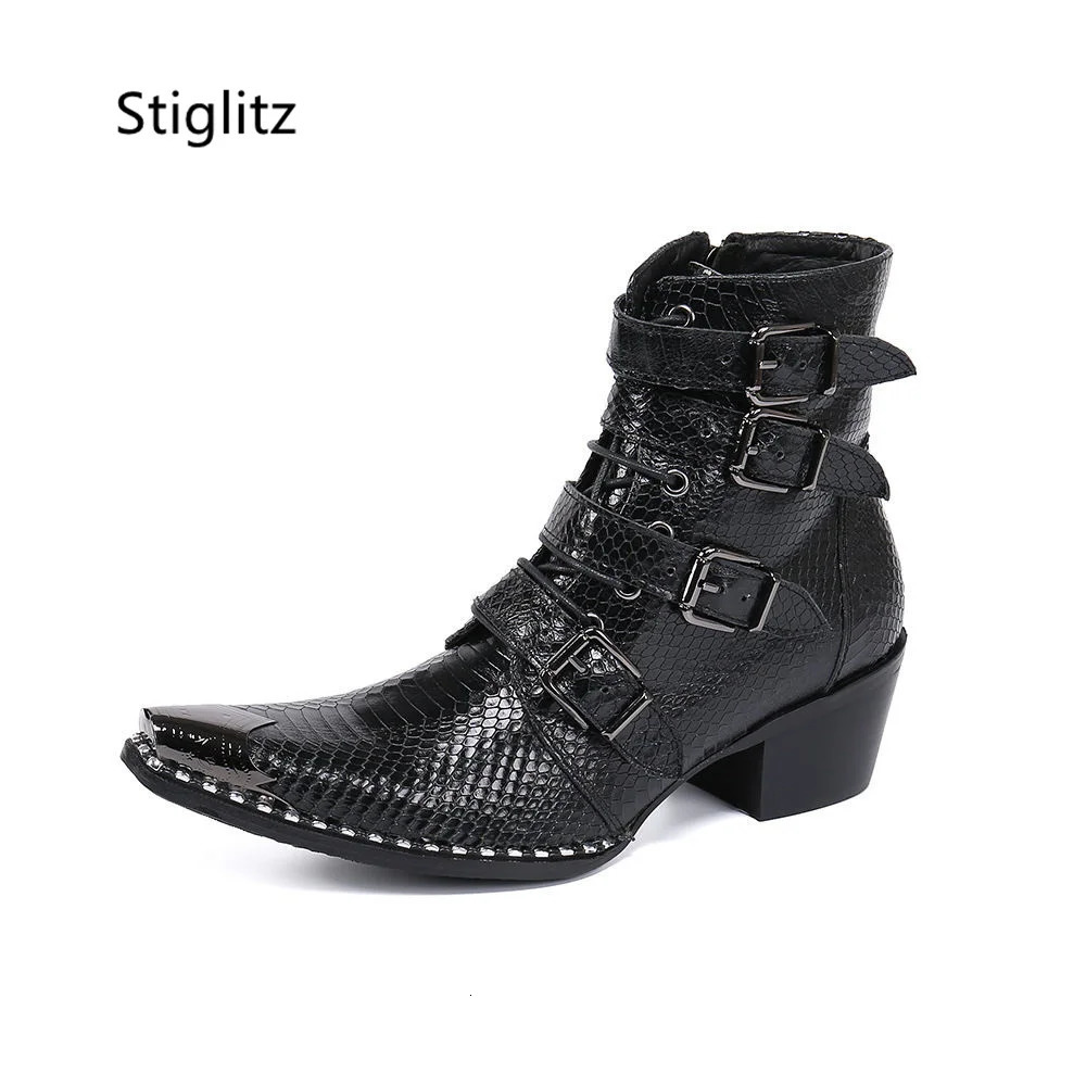 Belt Buckle Mens Ankle Boots Iron Toe Genuine Leather Business Shoes British Style Short High Heels Zip Lace Up Western Boots 250715