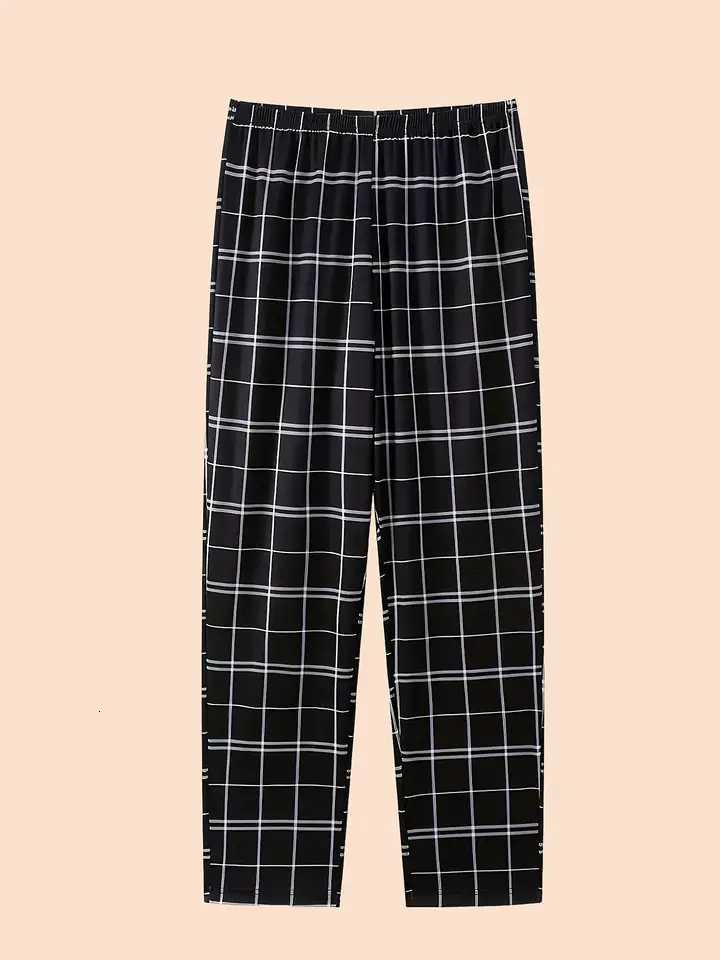 Mens Short Sleeve Pajama Set with Long Pants - Round Neck Plaid Pattern Summer Sleepwear Loungewear 2-Piece Outfit W250717