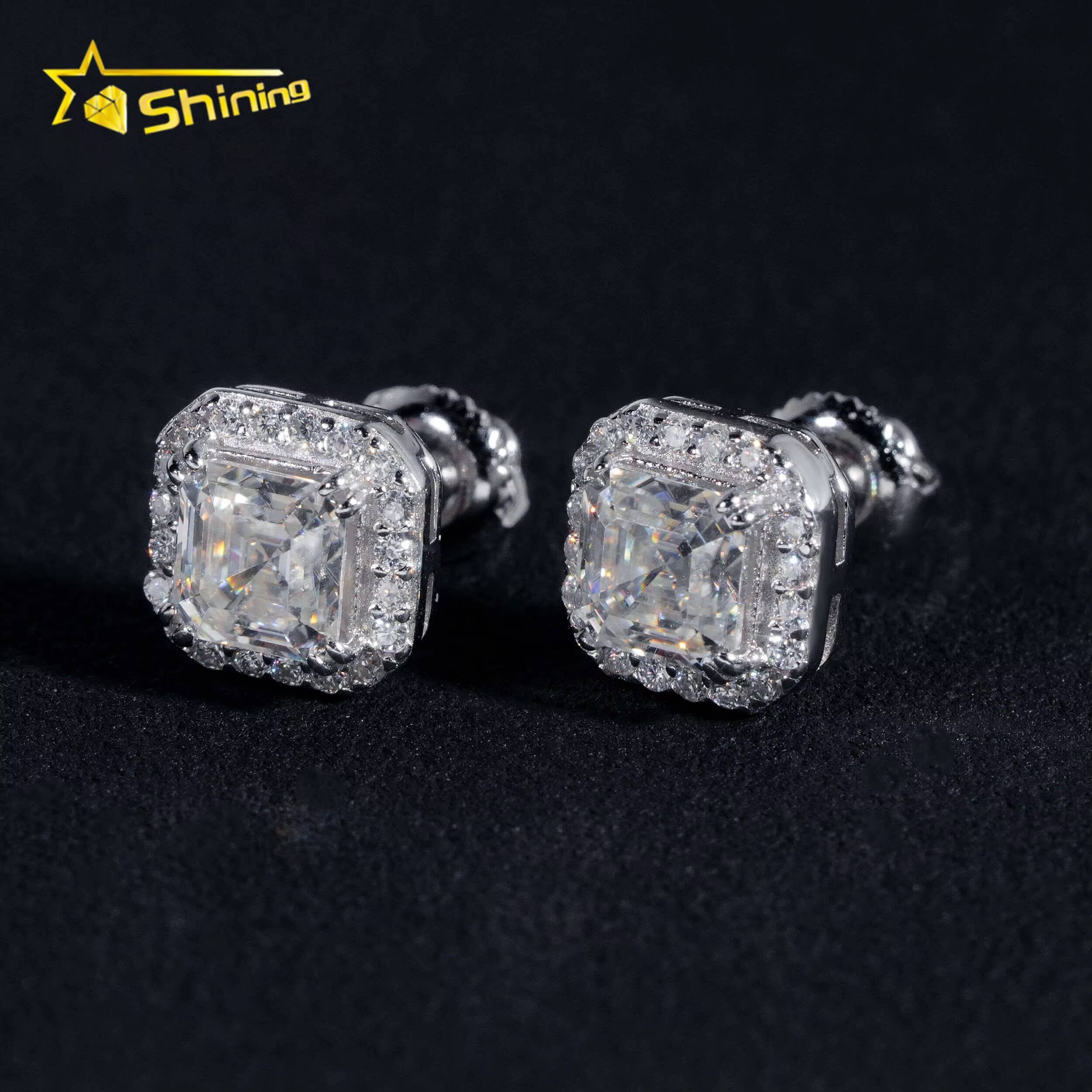 New Style Fine High Quality Asscher Cut Moissanite Stud Earrings 925 Silver Hip Hop Iced Out VVS Halo Moissanite Earrings