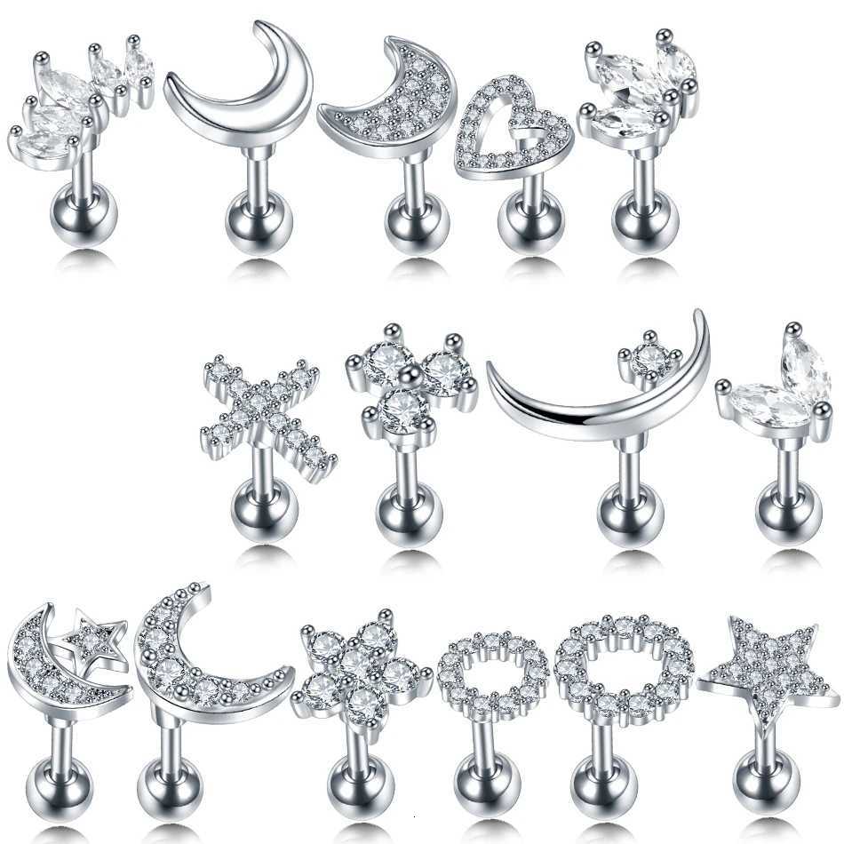 1PC 16G CZ Gem Cartilage Stud Moon Star Heart Cross Flower Crown Helix Tragus Piercings Conch Rook Stud Earring Piercing Jewelry y250715