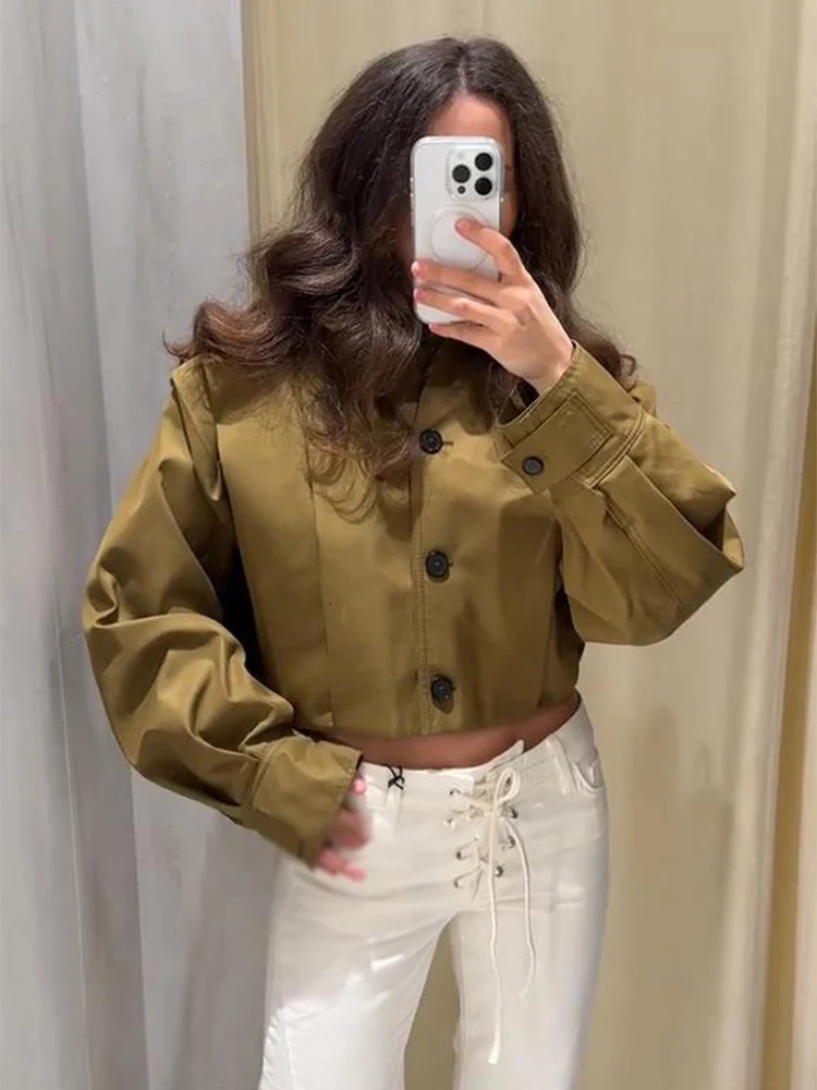 Street Loose Womens Coat Lapel Single Breasted Long Sleeve Green Female Jackets 2025 Spring Summer Fashion Lady Crop Outwear 250716