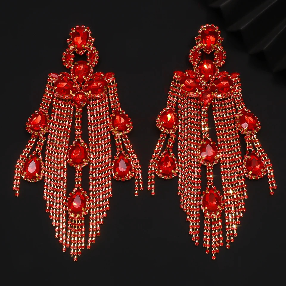 Stonefans Red Tassel Earrings Long Dangle Sparkly Elegant for Women Bohemian Exaggerated Jewelry Crystal Accessories Gift 250716