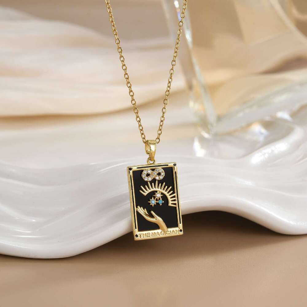 Gold-Plated Copper Tarot Card Design Pendant Mother-Of-Pearl Zodiac Necklace 012
