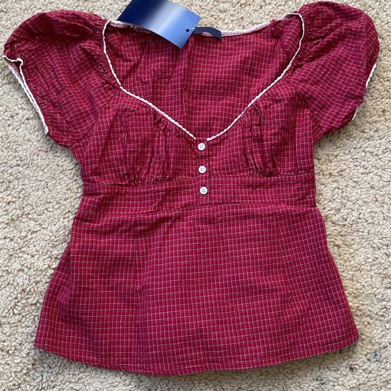 Red Plaid TShirt Shorts Set Women Summer Laceup Puff Sleeve BlouseButtons Elastic Waist Short Pants Cotton Sweet 2 Piece Sets y250707