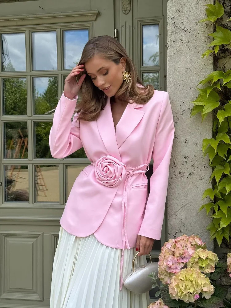 Elegant Flower Lace Up Blazer Women Solid Laple Pad Shoulder Long Sleeve Loose Coats 2025 Fashion Street Office Lady Outwears 250715