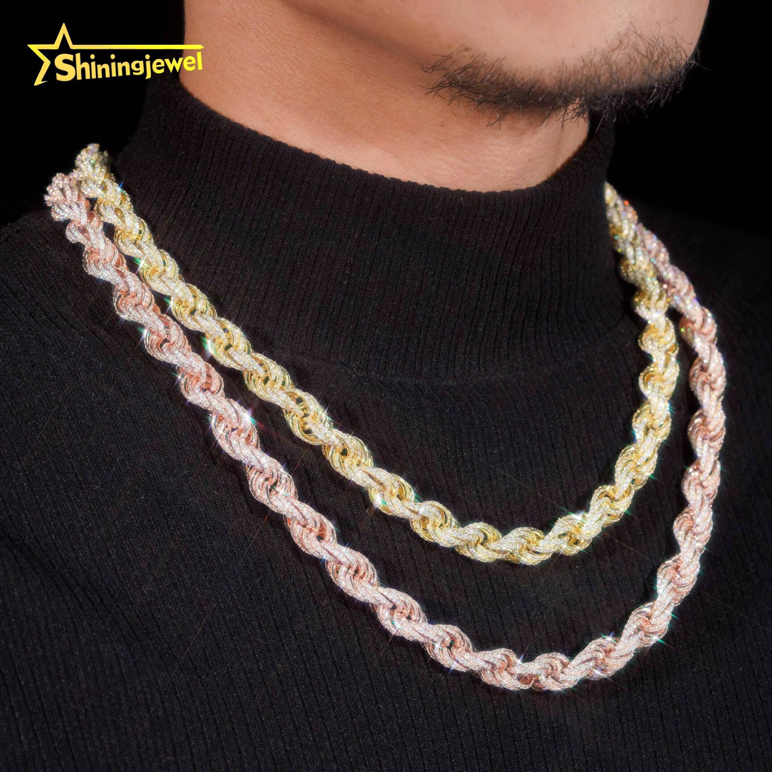 Iced Out Rope Chain Moissanite Cuban Link Chain S925 Gold Plated Pass Diamond Test VVS Moissanite Diamond Iced Chain