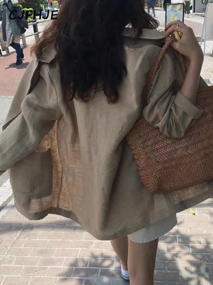 CJFHJE Khaki Office Lady Blazer Casual Thin Cotton Linen Blazers Female Spring Autumn Korean Retro Loose Suit Jackets Women 250715