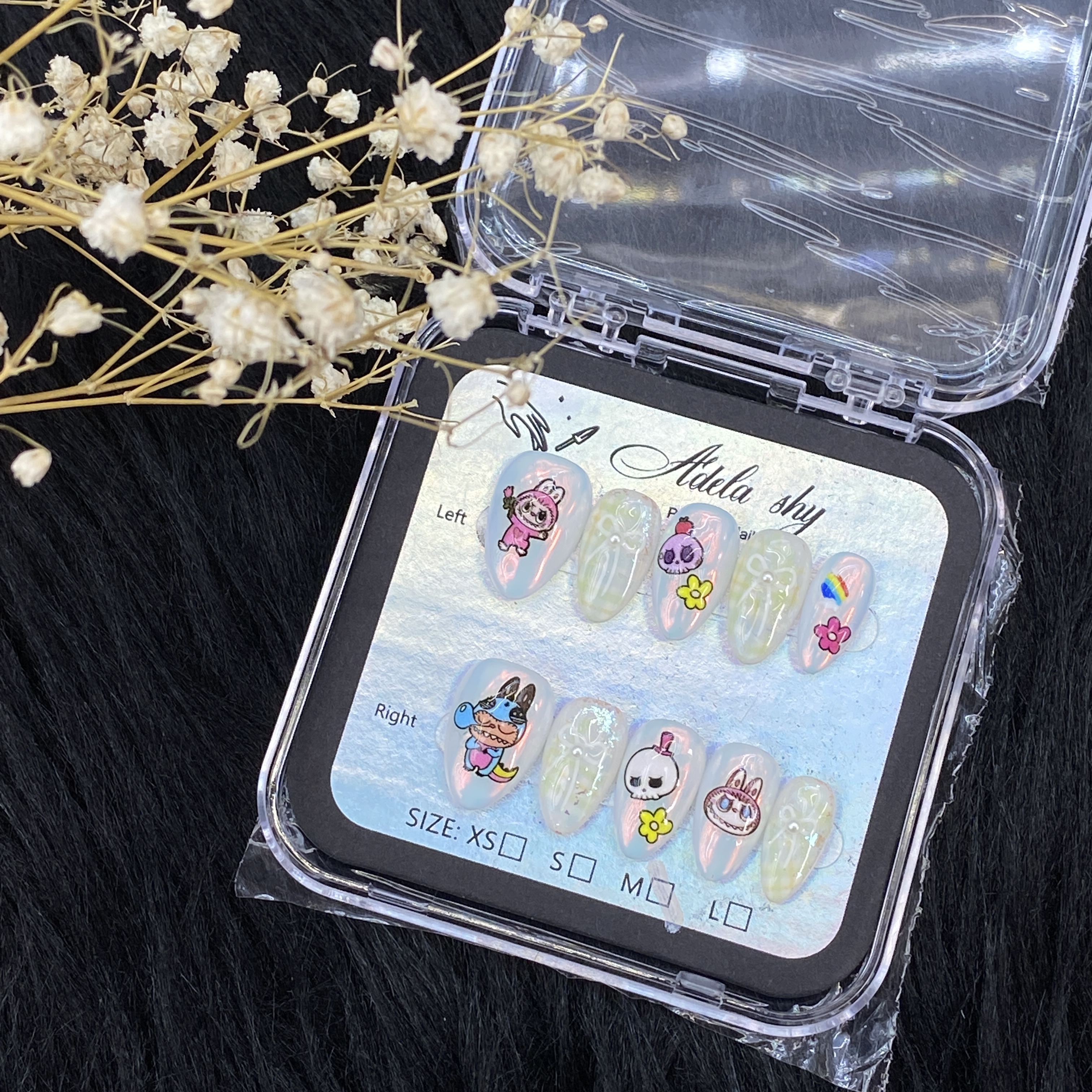 False Nails 10pcs Medium Almond Milky White Cute Cartoon Nail Art with Rabbit Panda Dog Skull Flower Rainbow Pearl Bow Full Cover Press On DIY Tips