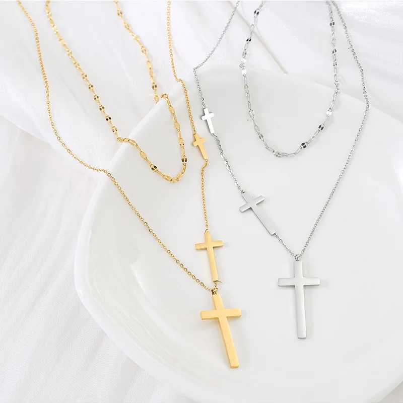 DIEYURO 316L Stainless Steel Golden Fashion Cross Double-layer Necklace For Women Girl Trend New Neck Chain Jewelry Party Gift W250528