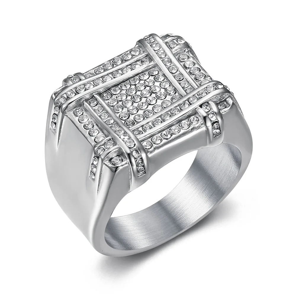 European And American Stainless Steel Gold-plated Full Diamond Square Hip Hop Mens Ring 250716