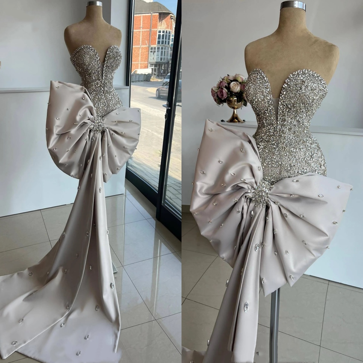 Designer Mini A Line Women Evening Dresses Sweetheart Neck Sleeveless Gown Crystal Bow Short Dress For Party Custom Made